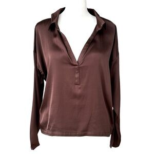 NEW CHASER Satin Popover Blouse Chocolate Brown Pointed Collar Lowcut Size Small